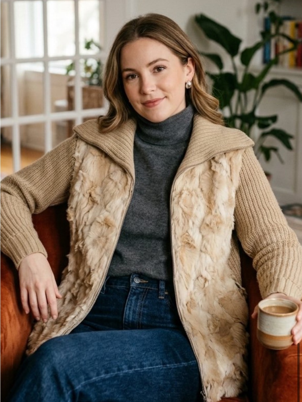Beige Faux-Fur Panel Zip Cardigan Sweater